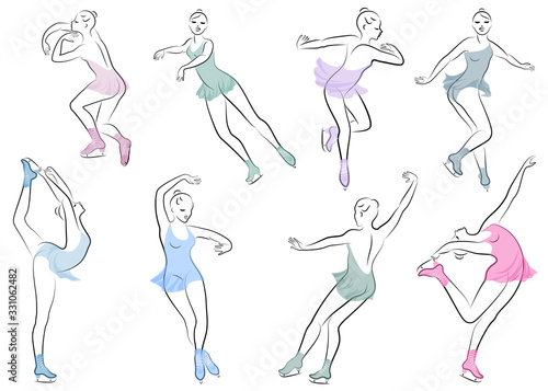 Collection. Skater skates on ice. The girl is beautiful and slender. Lady athlete, figure skater. Vector illustration of a set