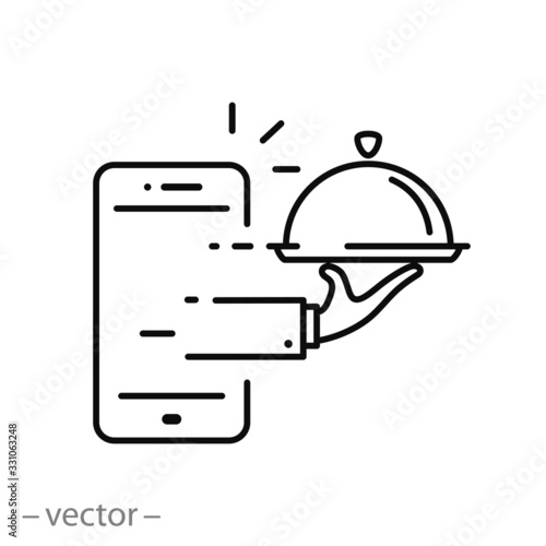 online service food delivery icon, groceries out of smartphone screen, internet shopping, thin line web symbol on white background - editable stroke vector illustration eps10