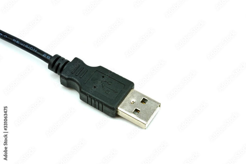usb f connector with black wire isolated on white usb f connector with black wire isolated on white