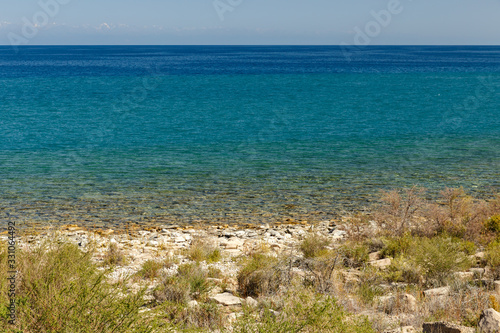 Lake Issyk-kul  the largest lake in Kyrgyzstan  beautiful landscape on the south shore of the lake
