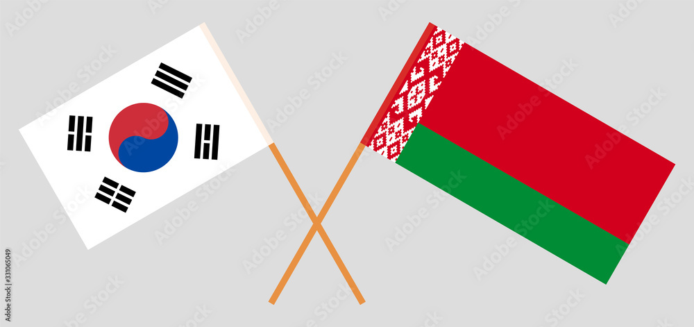 Crossed flags of Belarus and South Korea. Official colors. Correct proportion. Vector illustration Crossed flags of Belarus and South Korea. Official colors. Correct proportion. Vector illustration