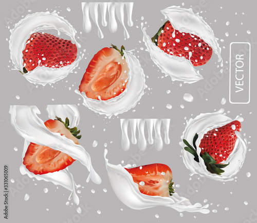 Fototapeta Naklejka Na Ścianę i Meble -  3d realistic milk splash with strawberry. Collection strawberries covered in milk. Sweet milk dessert . Milk coctail. Organic vegan. Vector illustration