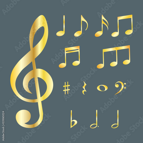 Set of golden musical notes and symbols, vector illustration.