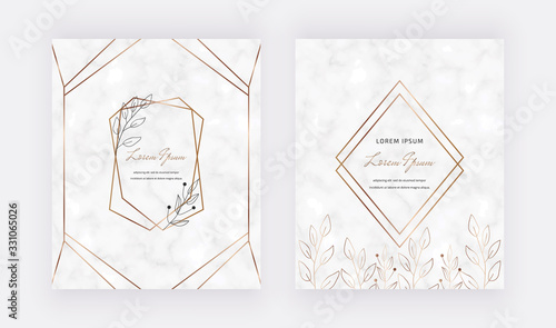Marble cards with leaves, geometric golden lines frames. Trendy templates for wedding invitation, banner, flyer, poster, greeting.