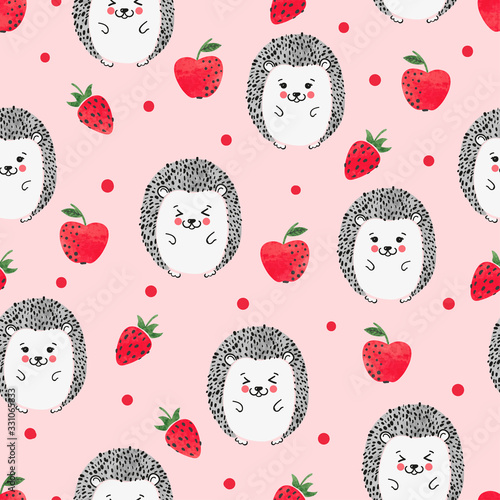 Seamless vector pattern with cute watercolor hedgehogs.. Vector baby print