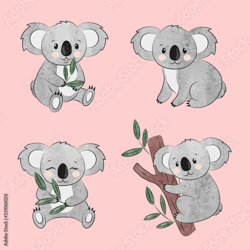 Cute cartoon koala bears set. Vector watercolor illustration for kids.