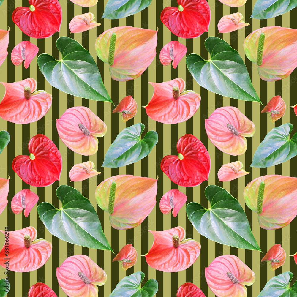 Anthurium seamless pattern on a striped background, photorealistic collage, print for fabric, background for various designs.