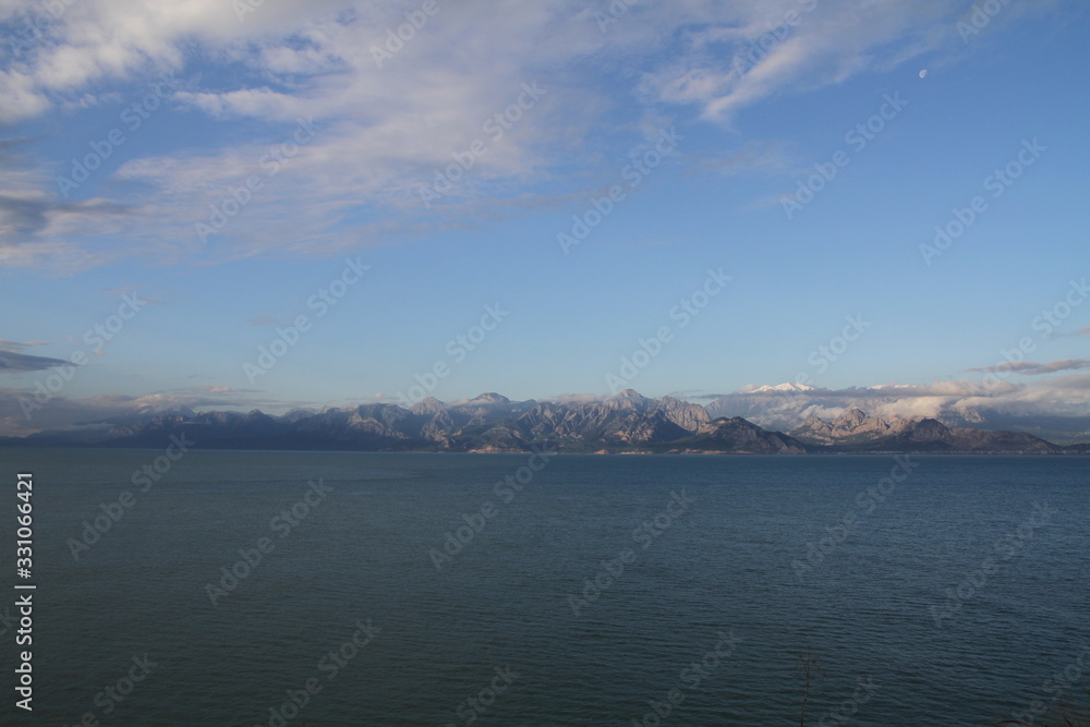 Mountains and sea view in Antalya with snow covered mountains