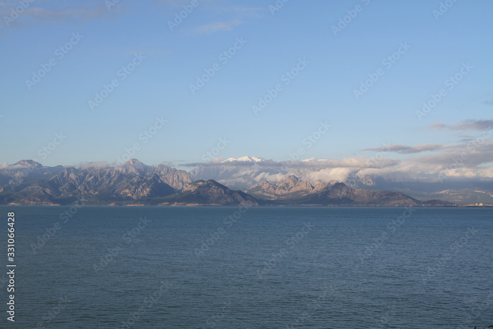 Mountains and sea view in Antalya with snow covered mountains