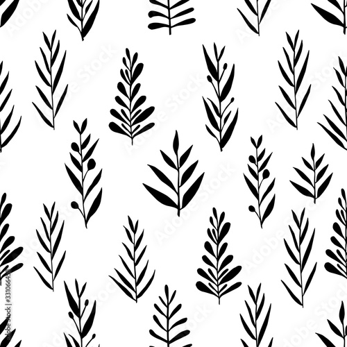 Fototapeta Naklejka Na Ścianę i Meble -  Cute hand drawn forest leaves and branch seamless pattern. Traditional leaves in ink, doodle style for wedding decoration and arrangements.
