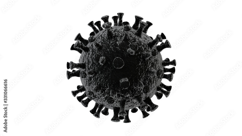 3D rendering of a black, coronavirus isolated on a white background. Illustration for medical banners, reports and advertising compositions in Newspapers. Virus bacteria in the center of the image.. 3D rendering of a black, coronavirus isolated on a white background. Illustration for medical banners, reports and advertising compositions in Newspapers. Virus bacteria in the center of the image..