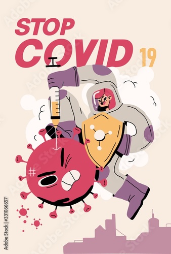 Fight with Coronavirus concept. Illustration of a doctor fighting with covid-19 corona virus. Disease campaign poster. Vector