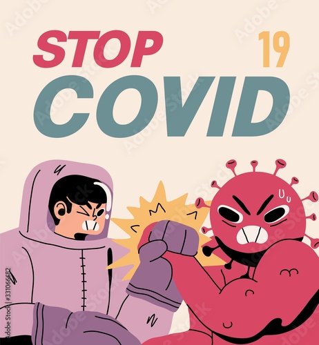 Fight with Coronavirus concept. Illustration of a doctor fighting with covid-19 corona virus. Disease campaign poster. Vector