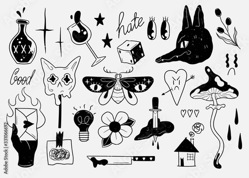 Old school tattoo elements. Cartoon tattoos in funny style. Vector illustration.