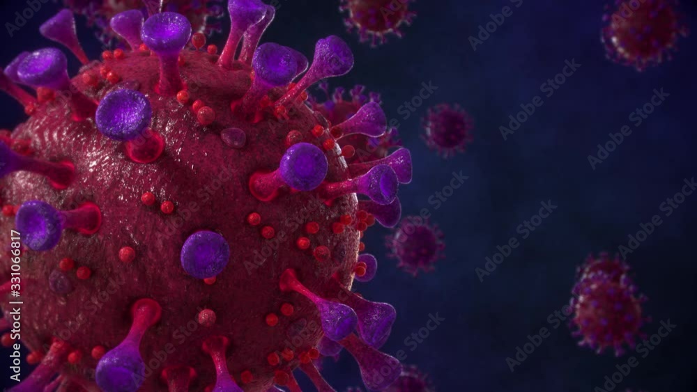Novel coronavirus medical background. COVID-19 virus under microscope. SARS-CoV-2 2019-nCov pandemic outbreak concept. Realistic high quality medical 3d animation. Red blue big left light BG version Novel coronavirus medical background. COVID-19 virus under microscope. SARS-CoV-2 2019-nCov pandemic outbreak concept. Realistic high quality medical 3d animation. Red blue big left light BG version