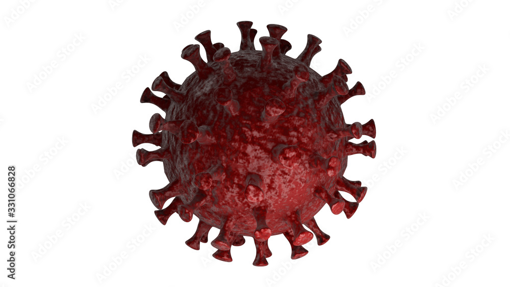3D rendering of a red coronavirus isolated on a white background. Illustration for medical banners, reports and advertising compositions in Newspapers. Virus bacteria in the center of the image. 3D rendering of a red coronavirus isolated on a white background. Illustration for medical banners, reports and advertising compositions in Newspapers. Virus bacteria in the center of the image.
