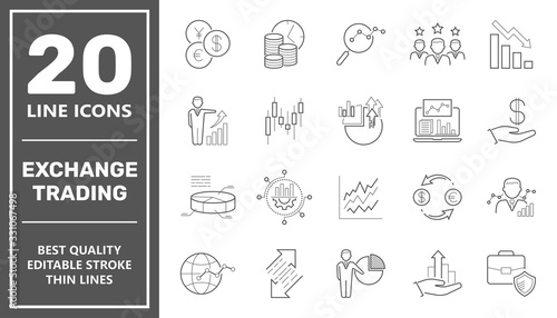 Exchange and finance trading. Icons set of business finance online trading outline concept. Editable Stroke. EPS 10.