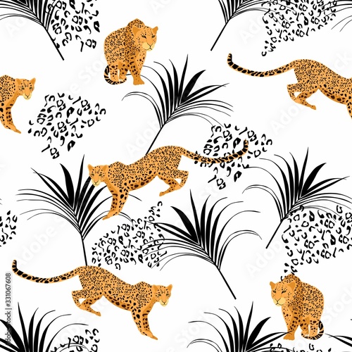 Seamless pattern with leopards and tropical black leaves. Trendy style. Vintage background. © Виктор Фесюк