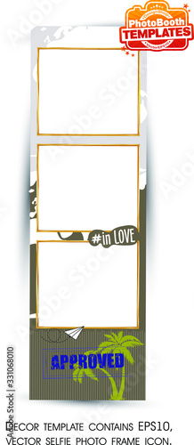 Travel photo booth props. Frame contains icons, such as stamp, gold frame and decorative background. Photobooth vector element. Collection photo booth icon. Concept of a selfie.