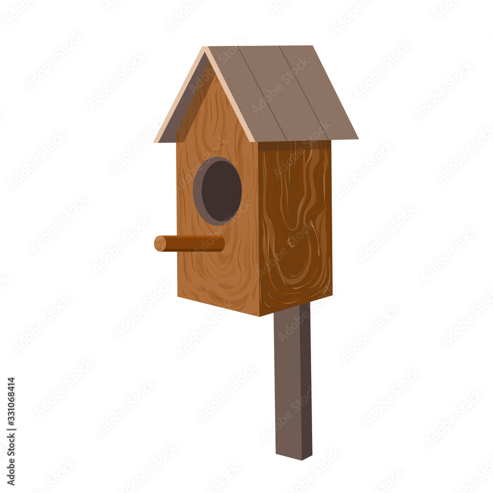 Wooden birdhouse isolated on white background. beautiful starling house in cartoon style. realistic nesting box for birds. springtime symbol. gardening decoration made of planks. birds sweet home.