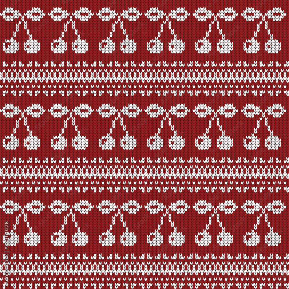 Knitted decorative seamless pattern with cherries and fair isle elements Knitted decorative seamless pattern with cherries and fair isle elements