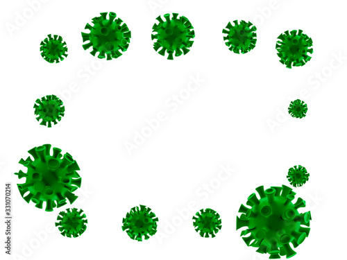 Coronavirus disease. 3D render COVID-19 infection medical background. Dangerous asian ncov corona virus, SARS pandemic risk concept. Microscopic view of green floating influenza virus cells