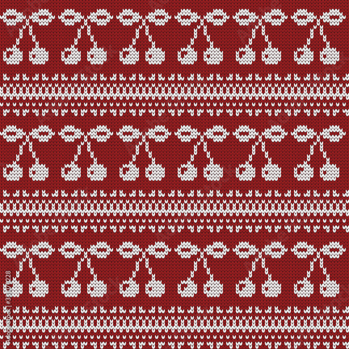 Knitted decorative seamless pattern with cherries and fair isle elements