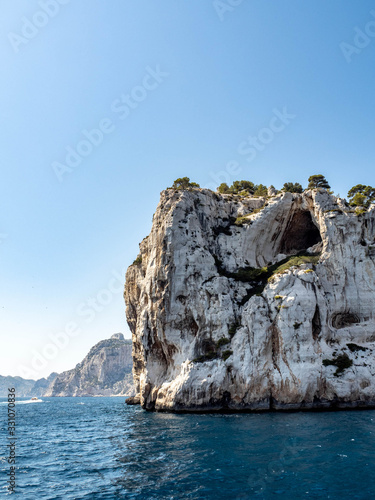 Calanques or narrow inlets formed by steep limestone cliffs near Cassis on the French Riviera.