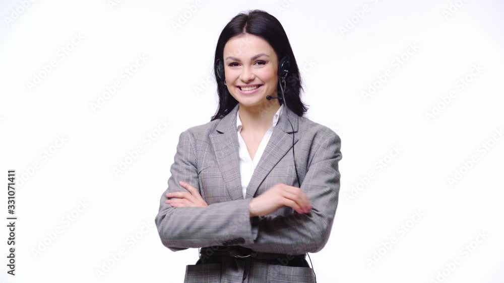 Call center operator showing like sign and smiling isolated on white Call center operator showing like sign and smiling isolated on white