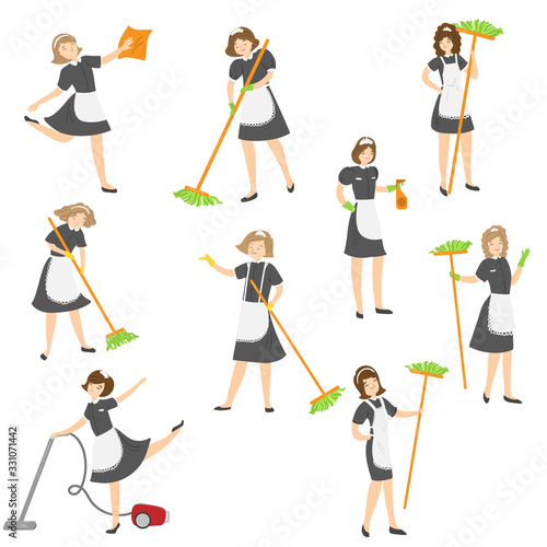 Set of cleaning housemaid ladies in different poses with the mop, vacuum, and duster. Vector illustration in flat cartoon style.
