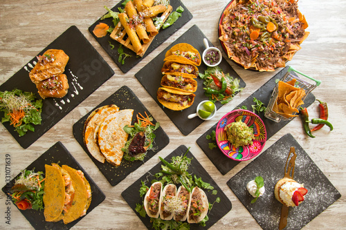 Varied Mexican food viewed from above. photo