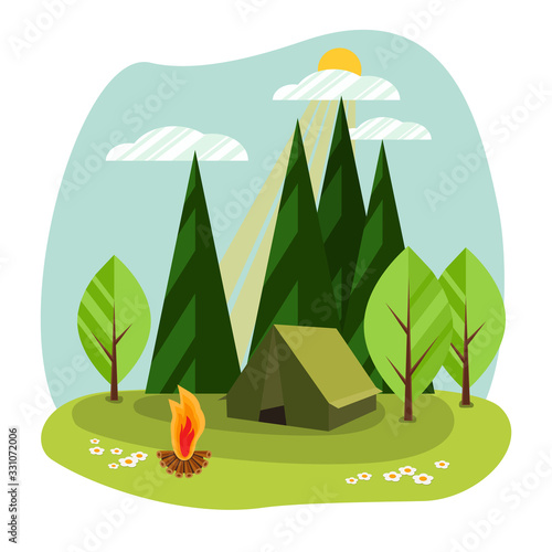 Sunny day landscape illustration in flat style with tent, campfire, trees and water. Background for summer camp, nature tourism, camping, hiking  or  glamping design concept