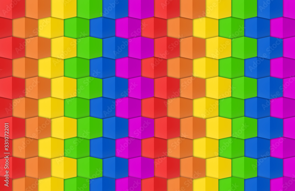 3d rendering. LGBT rainbow hexagonal grid shape pattern wall background.