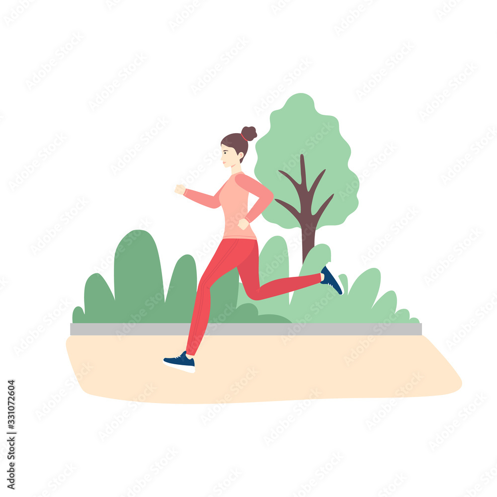 Young brunette woman running in the park in sport clothes. Flat cartoon vector illustration isolated on white background.