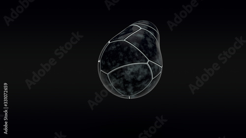 3D rendering of black marble drops on a dark background. Drops of different sizes cut by white lines into irregular segments. Monochrome illustration.