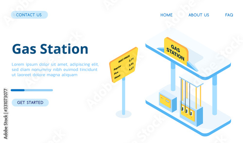 Vector isometric blue Gas Station with yellow banner illustration. Fuel, hoses for a set of gasoline, a sign with the name of the gas station