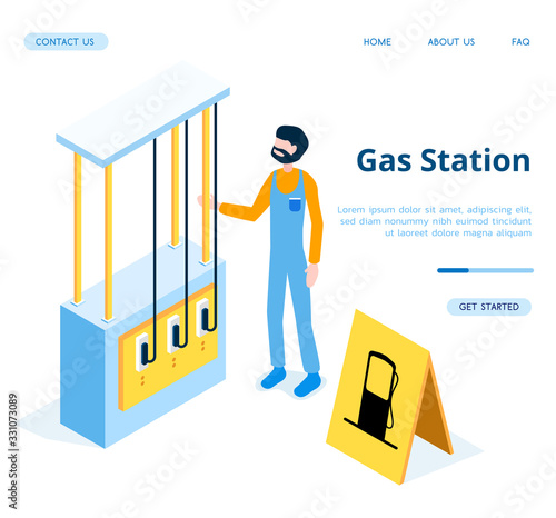 Vector isometric blue Gas Station with yellow banner illustration. Fuel, hoses for a set of gasoline, a sign with the name of the gas station