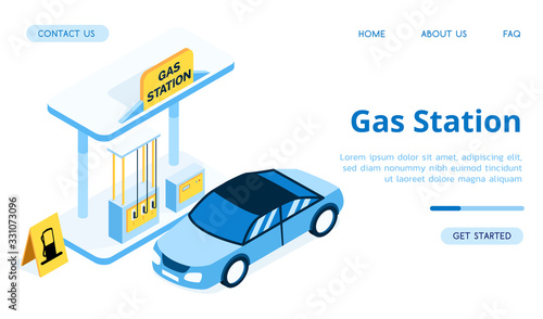 Blue gas station for cars. The blue car arrived at the gas station. Gas Station with yellow banner illustration.