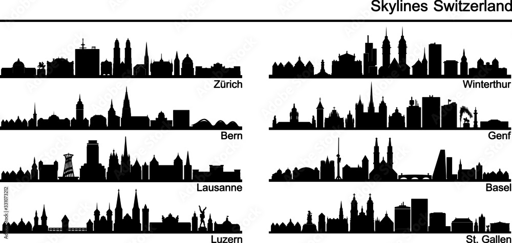 SWITZERLAND SET City Skyline Silhouette Cityscape Vector
