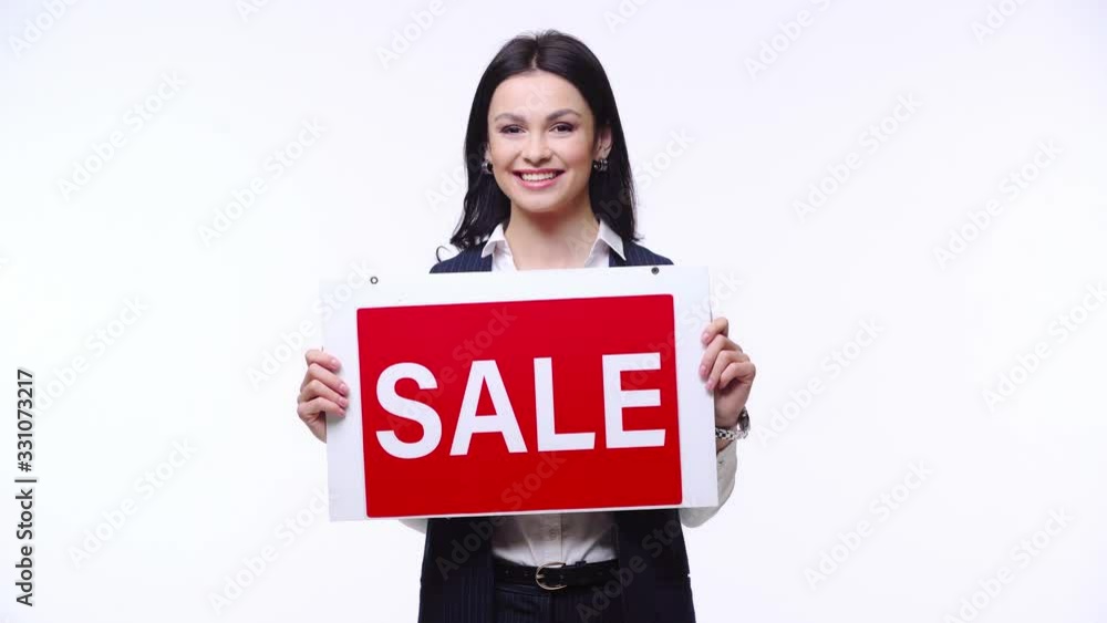 Broker presenting board with sale lettering isolated on white Broker presenting board with sale lettering isolated on white