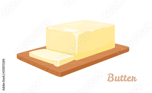 Butter on wooden board isolated on white background. Vector illustration of dairy product in cartoon flat style.