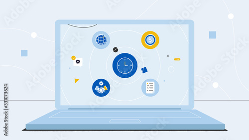 Illustration with laptop and work process icons on the screen. Multitasking and time management concept. Effective management. Vector illustration.