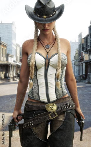 Blonde cowgirl walking the streets of a western town armed with two revolvers. 3d rendering photo