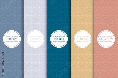 Set of colorful seamless ornamental patterns. Vintage geometric minimalistic backgrounds. Symmetric grid texture
