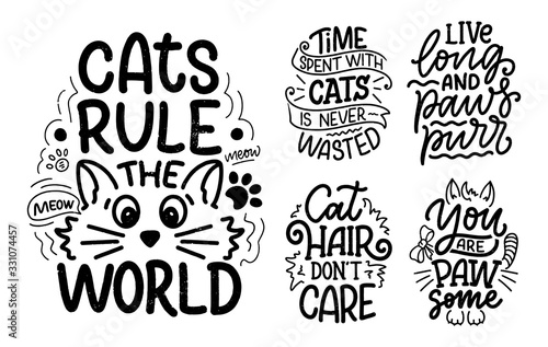 Set with funny lettering quotes about cats for print in hand drawn style. Creative typography slogans design for posters. Cartoon vector illustration.