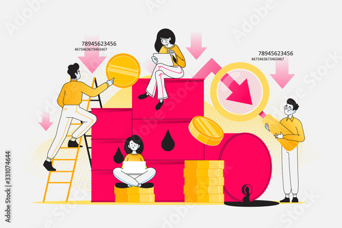 Oil or petrol and gas industry concept. Bear market in oil stock prices, price arrow chart goes down. People working together on market and analysis. Oil barrels and people, vector illustration