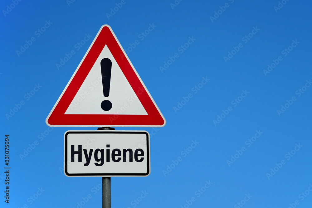 Hygiene mit Achtung Schild und Textfreiraum Hygiene mit Achtung Schild und Textfreiraum