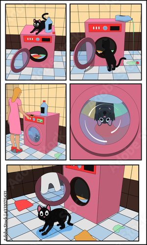 The story of a gray cat and a pink washing machine. A curious cat was washed inside the washing machine.