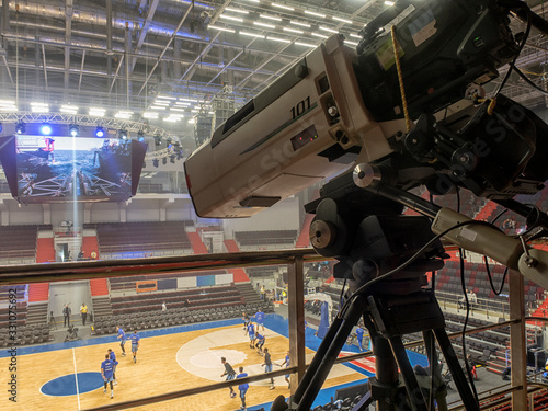 TV at the basketball. Professional digital video camera.