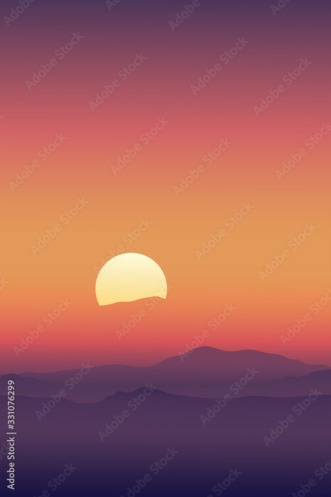 Vector illustration Dramatic morning sunrise with sky line in orange yellow and magenta mountains background.Vertical design for product or advertising, travel or nature display backdrop and banner Vector illustration Dramatic morning sunrise with sky line in orange yellow and magenta mountains background.Vertical design for product or advertising, travel or nature display backdrop and banner
